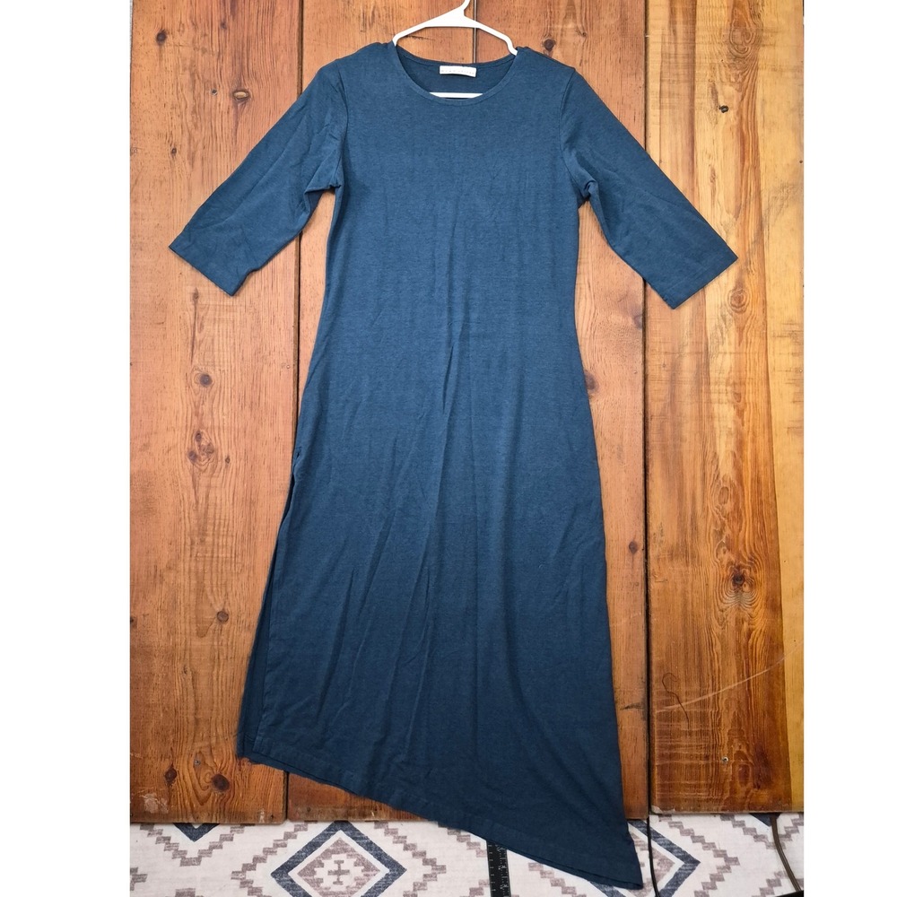 Bryn Walker Teal Blue Asymmetrical Hem Midi Dress 3/4 Sleeve Lagenlook Crew Neck